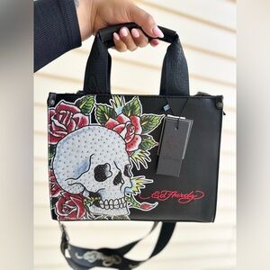 Ed Hardy Black Crossbody Bag with Skull and Roses
